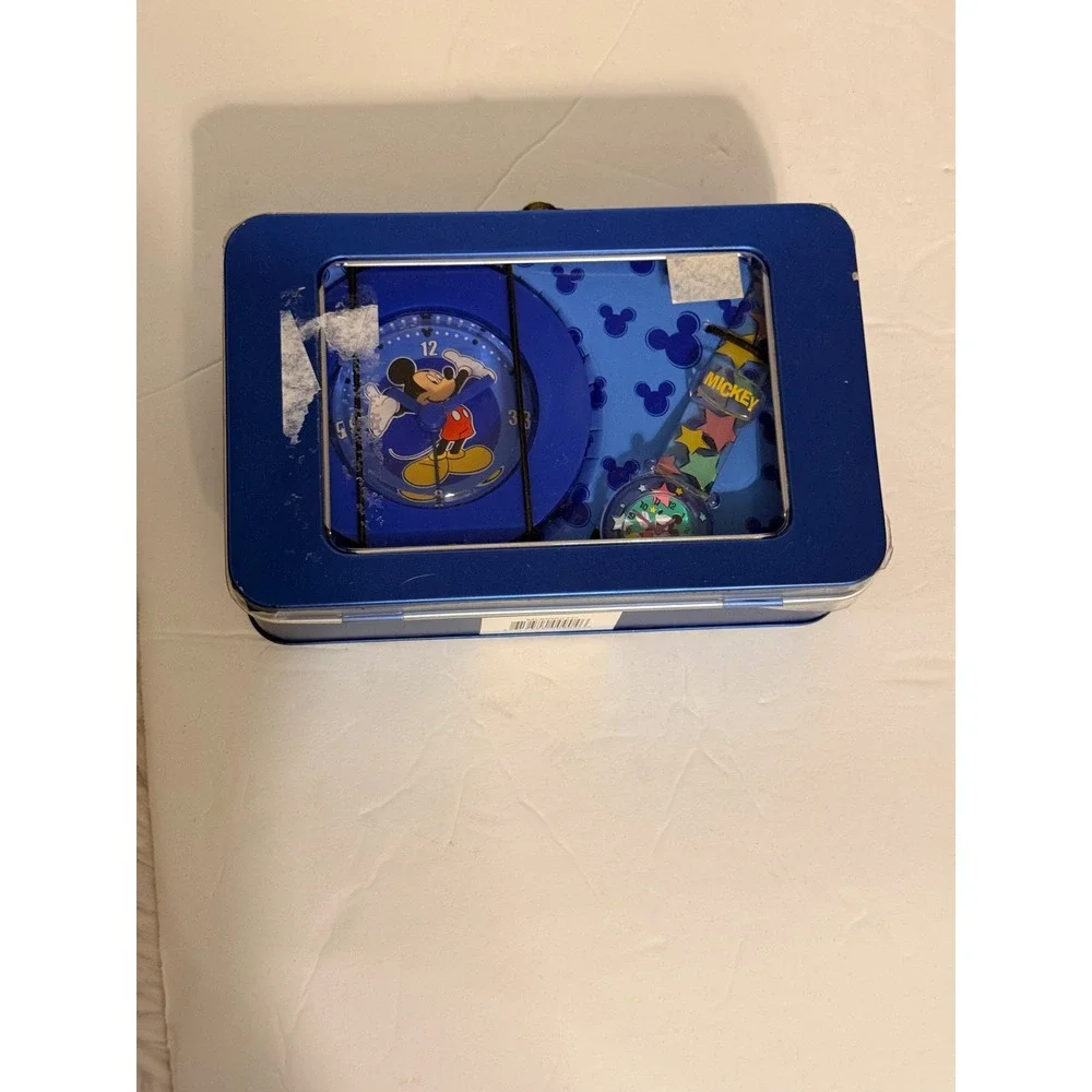 Disney Mickey Mouse Watch and‎ Clock Set in Blue Metal Lunchbox Tin MU0062TC